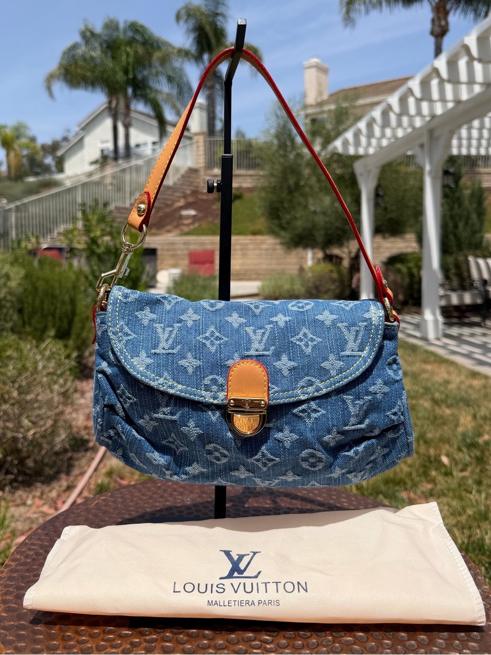 NEW LV Print Y2K Monogram Sunset Blue Denim Jean Top Handle Shoulder Bag Gold